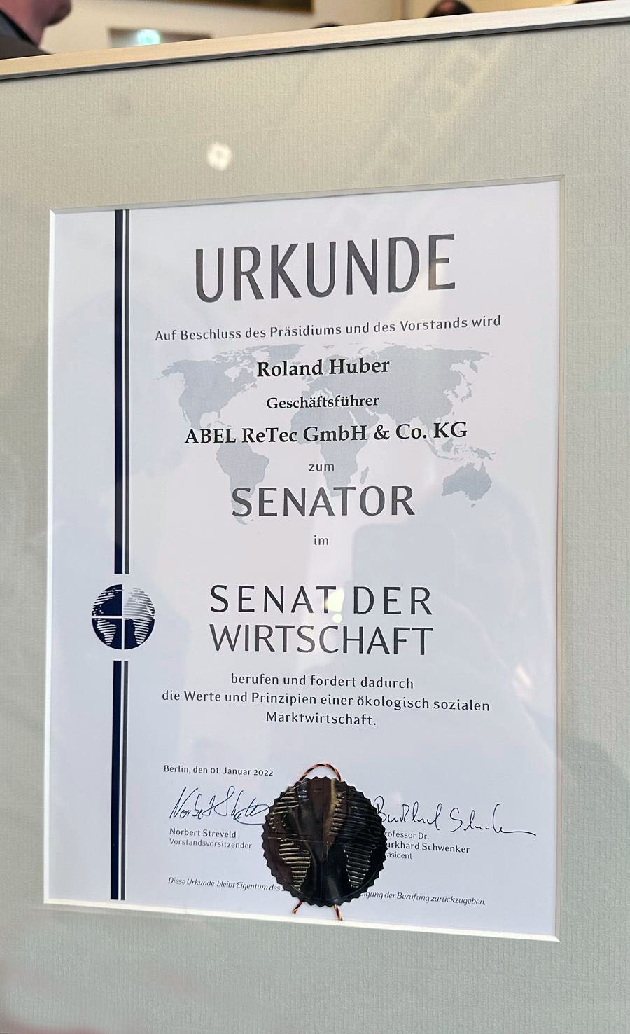 Berufungsurkunde Roland Huber Id Senat Der Deutschen Wirtschaft